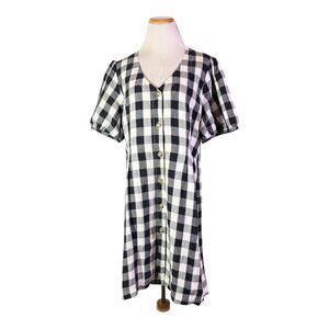 LOFT Size 14 Black White Gingham V-Neck Dress Button-Front Lined
